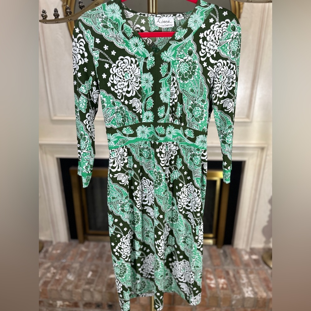 Linea by Louis Dell’Olio Green Floral Jersey Dress Side Zip Stretch XXS 39.5”